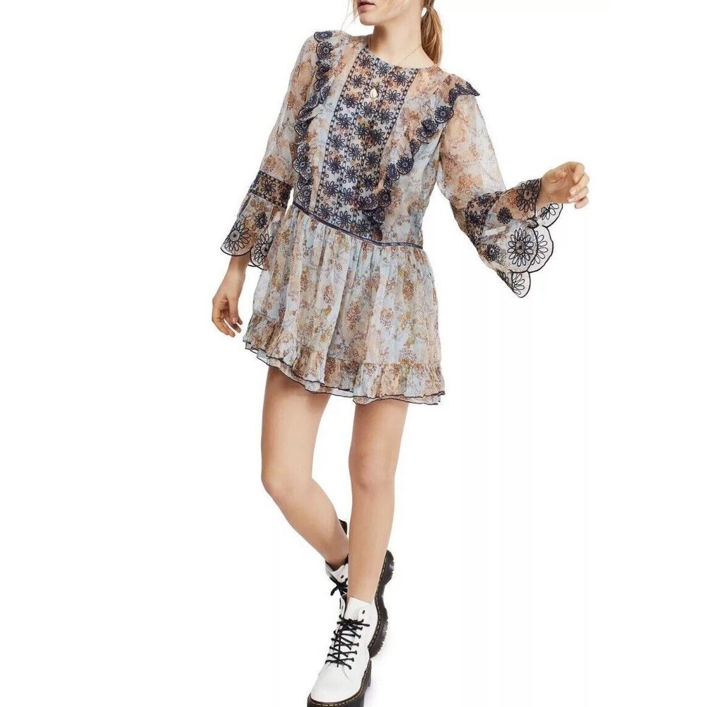Free People Country Roads Embroidered Mini Dress Size XS Blue Mist Combo $198